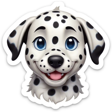Cinematic Comical Spotted Dalmatian Portrait Emoji, Head tilted dramatically with an exaggeratedly shocked or amused expression, featuring a striking Fur of predominantly white with vivid black patches, wide, expressive blue eyes filled with playful disbelief, Simplified yet hilariously expressive features, highly detailed, glowing with a slightly sassy glow, high shine, dramatic yet playful, stylized with an air of cheeky charm, bright and endearing, soft glowing outline, capturing the essence of a spirited and over-the-top guardian, so meme-worthy it feels like it could side-eye its way into internet fame instantly! sticker
