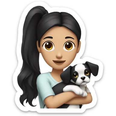 dark black hair girl cuddling a black and white dog with a high ponytail sticker
