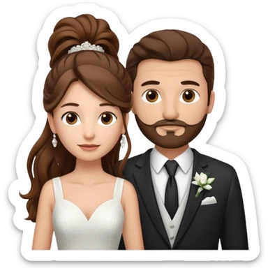 wedding couple woman with long straight brown hair and eyes man with long brown curly hair in pony tail and facial hair sticker