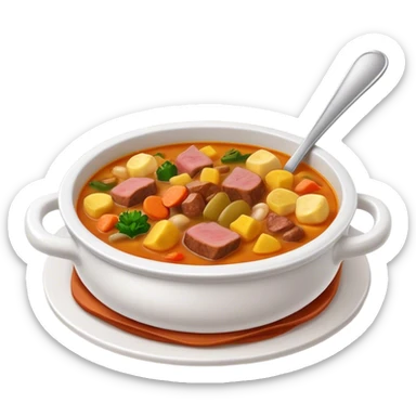 Cinematic Realistic Sancocho Soup Dish Emoji, featuring a rich, hearty stew with diverse meats and vegetables rendered with lifelike detail and warm, comforting lighting. sticker