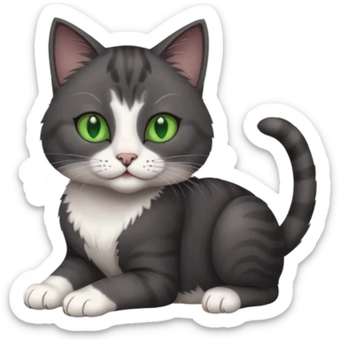 beautiful female solid dark grey cat with green eyes, white toes/paws and white patch on her chest rolling over sticker