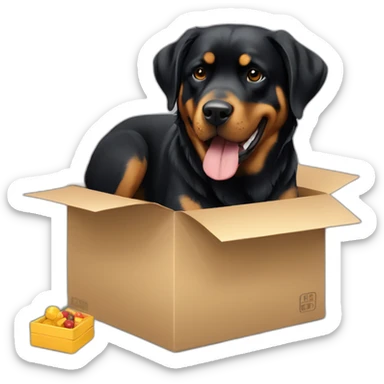 A Rottweiller playing with a golden retriever in box sticker