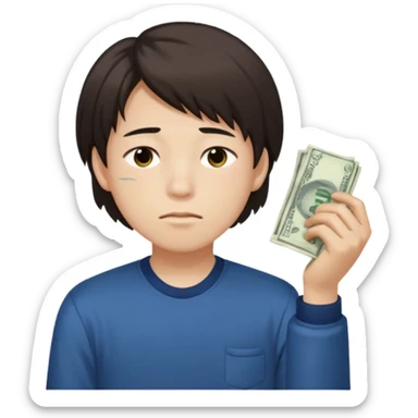 un niño de 15 años pelo medio largo, color blanco ojos marrones, medio chino de la cara, 1.60 de altura, cara agotada sin dormir y cansado con una mano llena de dinero sticker