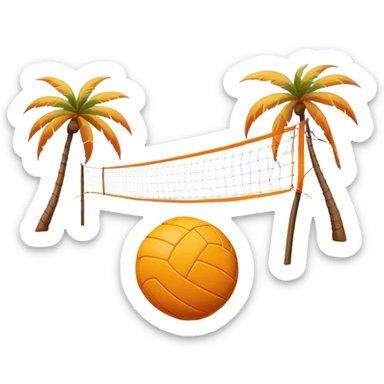The scene captures a sunny sea beach with clear blue sea and sky, palm trees swaying. A volleyball resting on the orange sand ground of a beach, with a volleyball net in the background.  sticker