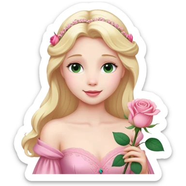 Cinematic Realistic Sleeping Beauty (Aurora) Portrait, with porcelain-like skin featuring a natural rosy flush, illuminated by soft lighting that highlights the gentle contours of her face. Her golden blonde hair flows in soft, detailed waves with subtle highlights that shimmer in the light. Her deep violet-blue eyes radiate warmth and innocence, framed by arched brows and long lashes. With a soft, serene smile, she holds a delicate rose gently in one hand, her other hand resting lightly by her side. She is dressed in her classic pink gown, the fabric rich in texture with delicate folds that catch the light. A golden crown rests atop her head, gleaming with royal refinement. The portrait captures a soft, glowing aura, blending realism with an ethereal sense of beauty and timeless enchantment. sticker