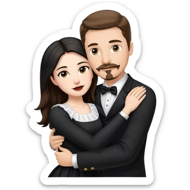 tall white man with brown hair goatee mustache hugging a pale woman with long black hair, wearing black and white formal clothing sticker