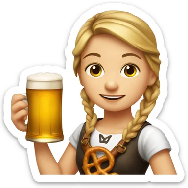 Young German girl drinking beer with a pretzel wearing a drindl sticker