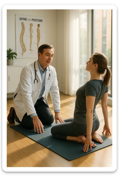 A realistic, cinematic illustration of a professional doctor in a white coat inside a bright, modern medical office, demonstrating a simple stretching exercise to a patient for improving posture. The doctor, calm and encouraging, shows a gentle spinal extension stretch while explaining its benefits for posture and spinal health, with an anatomical poster of the spine and posture alignment in the background. The scene includes a yoga mat, clean wooden floors, and natural light streaming through large windows, creating a warm, health-focused atmosphere. The patient, in comfortable activewear, watches and mirrors the stretch, emphasizing the preventive and therapeutic role of stretching for posture correction under medical guidanc sticker