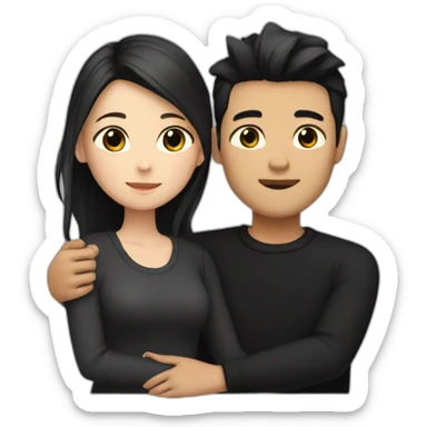 Blonde girl with brown eyes in black sweater and asian man with black hair hugging sticker