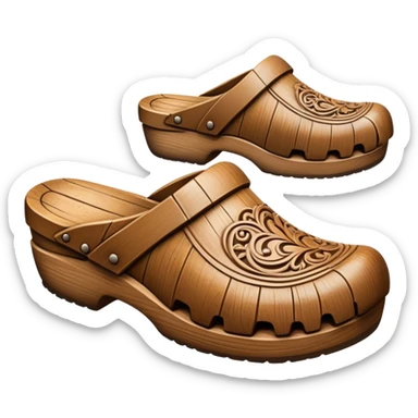 Cinematic Realistic Wooden Clogs Emoji, depicted as a pair of traditionally carved weathered wooden clogs with intricate details and rustic charm, rendered with rich textures and warm natural lighting that captures their cultural heritage. sticker