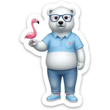 friendly anthropomorphised polar bear standing upright, chilled and unbothered, wearing a shirt, jeans, trainers, glasses decorated with small flamingo figures sticker