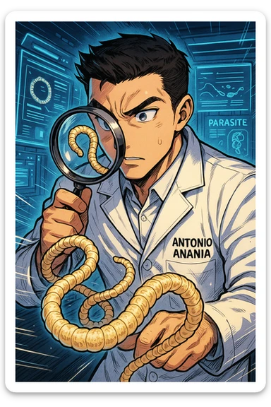 A dynamic manga/webtoon-style illustration of a young male kinesiologist wearing a clean white lab coat, analyzing light beige worms like a tapeworm under a magnifying glass. His expression is focused and slightly intrigued, with sharp, detailed eyes. The art style is vibrant, with bold linework, rich colors, and dramatic lighting. The background is a futuristic laboratory with glowing holographic screens displaying parasite data. The tapeworm is intricately drawn, slimy and segmented, with a slightly exaggerated yet realistic texture. The composition is dynamic, with motion lines or energy effects to emphasize his scientific investigation. The atmosphere is intense but not dark, keeping a balance between scientific seriousness and stylish manga aesthetics, he has "ANTONIO ANANIA" WRITTEN ON WHITE LAB COAT sticker