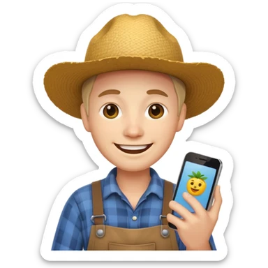 a cheerful farmer emoji showing a smartphone, bright and clear sticker