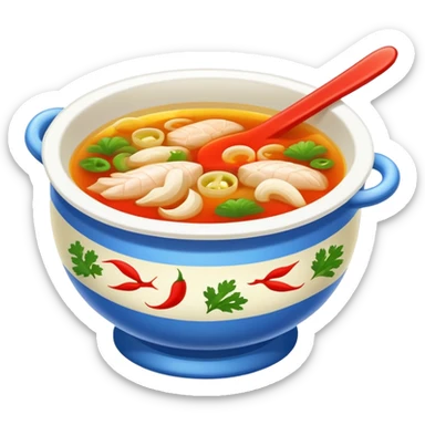 Guizhou sour fish soup with pickled vegetables, simplified emoji style with bold outlines and bright colors, cartoon style spicy sour fish dish sticker