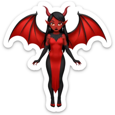 Full red-skin demon girl (entire body red), long black hair, small red horns, pointed ears, single bat wing, black open-back dress, bold tattoo-flash comic linework, red/black/gray, dark background, no text. sticker