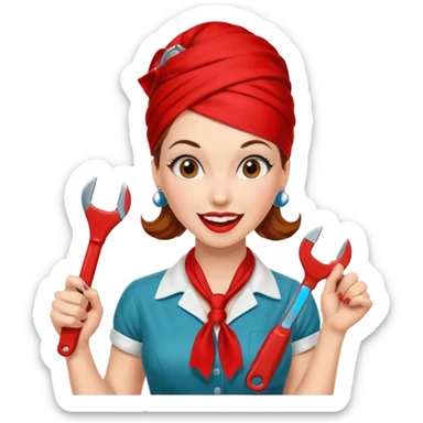 A 50ies housewife who is excited about working and is a powerwoman because she husstles a lot. A bit like the woman from Real Vintage Doll House. And the woman from We Can Do It!. Rockabilly vibe. Cartoonish perhaps? Help me :D sticker