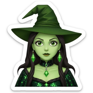 The Wicked Witch from The Land of Oz with green skin, long dark brown hair, black sequin outfit sticker