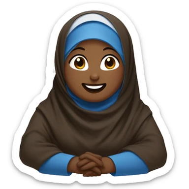 Black chubby Hijabi cry laughing sitting in brown abaya and white and blue hijab sticker