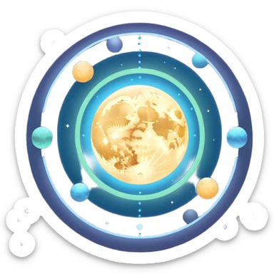 Glowing orb floating above layered moon phases, surrounded by soft rings of light, with tiny stars marking checkpoint points in orbit. sticker