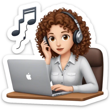 a woman with brown curly hair in an office working with laptop listening to music sticker