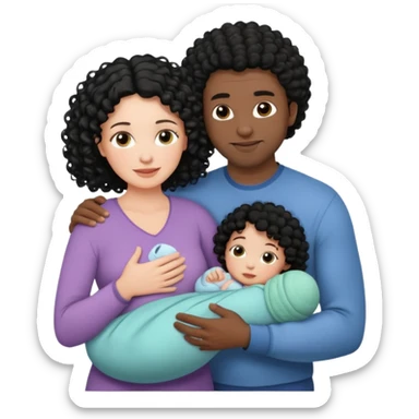 family: white woman curly black hair, black man with short black frizz hair, one 2 y o daughter , and a newborn in the and of the mother sticker