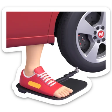 A clean 3D emoji-style illustration of a single right foot pressing down on a car gas pedal. Only the foot and the pedal are shown, viewed from the side. The pedal is slightly tilted to show pressure. No background, simple colors, minimal details sticker