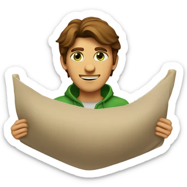 a light-skinned green-eyed man with brown hair sitting in front of the paper scroll  sticker