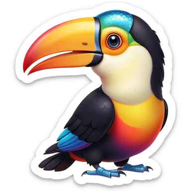 Cinematic Cute Toucan Portrait Emoji, Head tilted playfully and inquisitively, with a delightfully vibrant beak and round, sparkling eyes filled with tropical charm, Simplified yet irresistibly adorable features, highly detailed, glowing with a warm, inviting tropical glow, high shine, affectionate and lively, stylized with a touch of whimsical exotic flair, soft glowing outline, capturing the essence of a mischievous yet loving toucan that seems as if it could flutter out of the screen into your arms! sticker
