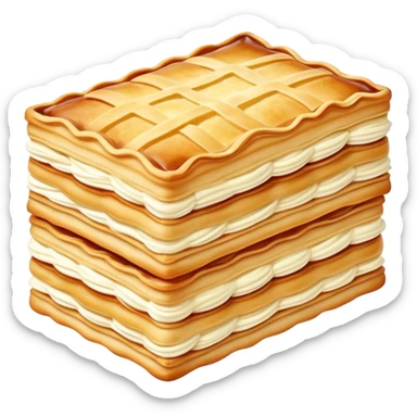 mille-feuille-cinematic-realistic-mille-feuille-dessert-emoji,-depicted-as-a-rectangular delicate-pastry-composed-of-two-crisp-layers-of-puff-pastry-with-a-rich-cream-filling,-rendered-with-intricate-textures-and-elegant,-soft-lighting. Please only show two layers only. sticker