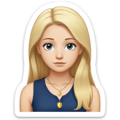 College white girl with long blonde hair straightened with a middle part. She is wearing a sleeveless navy blue Henley shirt with a small dainty girly gold necklace sticker