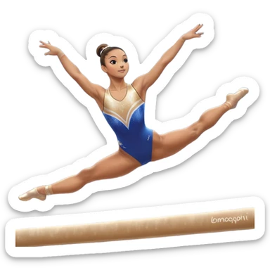 A gymnast performing a flawless routine on the balance beam, showcasing strength and grace. The scene captures the precise, elegant movement with perfect balance and form. The background features a gymnastics arena with vibrant lighting and cheering crowds, emphasizing athleticism and poise. sticker