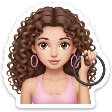 cute balayage brunette long hair curly/wavy haired girl, hoop earrings, clean girl makeup DOING pilates with a cute pastel pink set sticker