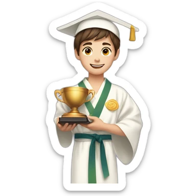 a 12-year-old boy with brown hair with a prize cup in one hand and a diploma in the other hand in a white kimono sticker
