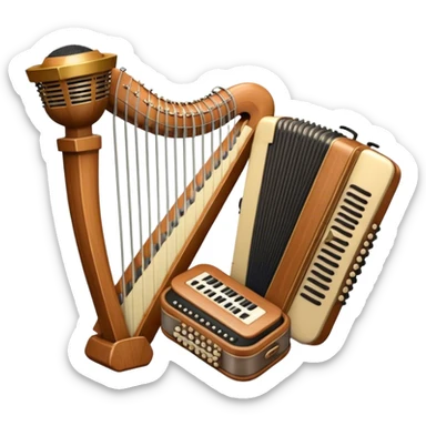 Create a warm and inviting humanless emoji representing folk singing. The design should feature a traditional microphone, perhaps with a wooden texture, symbolizing the rustic and authentic feel of folk music. Surround the microphone with subtle elements such as a hand-played tambourine, an accordion, or a balalaika to reflect the folk instruments. Add flowing musical notes to symbolize the vocal melodies. Use earthy, natural colors like browns, reds, and greens to evoke a sense of tradition, warmth, and connection to the community. The background should be transparent. sticker