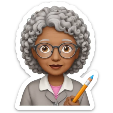 old woman teacher, brown skin, curly grey hai, wearing glasses, hold chalk on hand sticker
