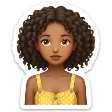 Create an image of a young beautiful black girl with detailed features. She has curly hair cascading down her shoulders and striking, large hazel eyes. She is wearing a yellow sundress with white polka dots. She is standing in a field full of sunflowers sticker