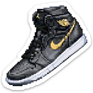 Jordan 1 sneaker, all black with a metallic gold swoosh sticker