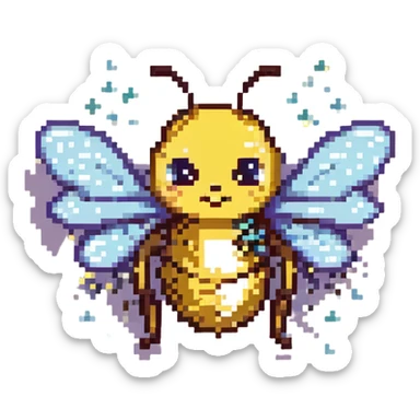a cute bee surrounded by magical pixie dust, pixel art style sticker