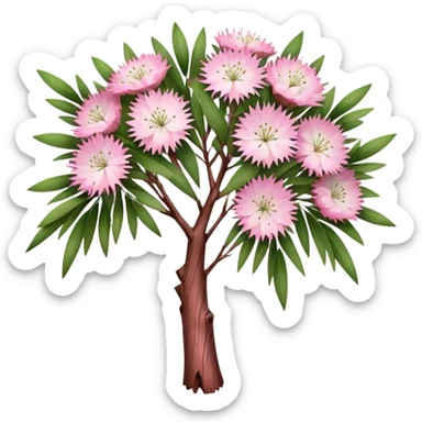 Cinematic Realistic Melaleuca Emoji, Elegant and resilient, with peeling, papery bark and delicate, needle-like leaves. The tree stands tall and graceful, with clusters of white and pink flowers dotting the branches. Soft glowing outline, capturing the essence of natural elegance and resilience in a beautiful melaleuca tree! sticker