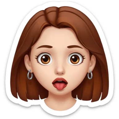 A girl with chest-length brown hair with a reddish tinge, with fair skin, brown eyes and a septum piercing, surprised sticker