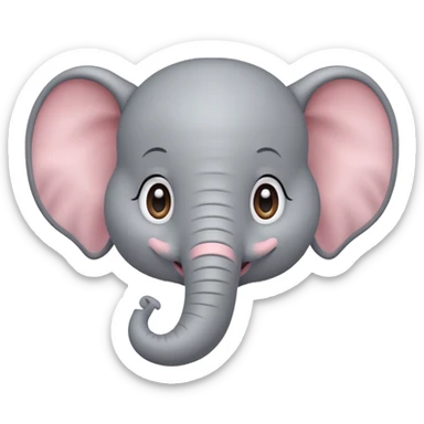A cute, friendly cartoon elephant face smiling broadly. Big sparkling eyes, rosy cheeks, soft rounded shapes, pastel colors, children's book illustration style, heartwarming sticker