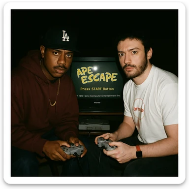 Create a 90s grunge analog photo featuring a famous 90s style rapper (not recognizable) and the boy from the reference photo sitting in front of a CRT TV with Ape Escape on Playstation 1. The room is dark, both hold controllers, and they look at the camera with flash on, creating a retro atmosphere. sticker
