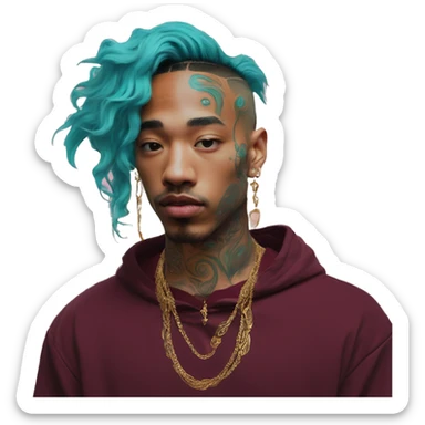 Vintage patina intricate swirls gold jewellery baroque raven wings tropical Deep pink maroon burgundy cyan dark hoodie man vitiligo dyed hair gold piercings nose piercing ear piercings sticker