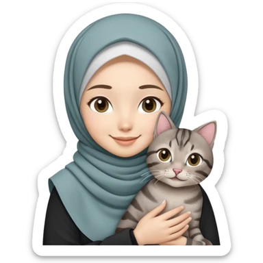 Asian white girl wearing pretty hijab holding a black grey tabby cat with smiling sticker