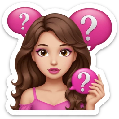 girl with long wavy brown hair, brown eyes, long lashes makeup, sexy pink lips, light to medium complexion, wearing a pink sexy top, shugging, question mark one speech bubble sticker