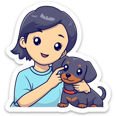 black hair asian girl taking selfie with black dachshund sticker