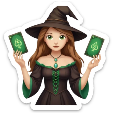  witch girl with long light brown hair and green eyes and Tarot cards without hat and in sexy dress  sticker