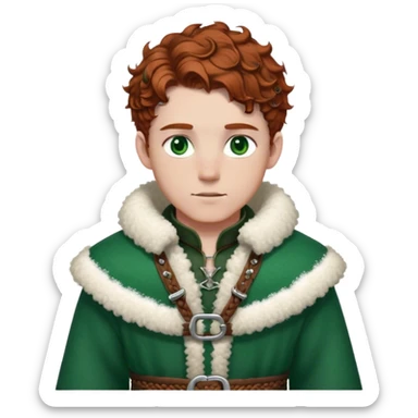 Medieval winter outfit worn by a DnD themed fantasy male character. Rich brown leather-trimmed wool tunic with sheepskin lining, featuring intricate metal buckles at the collar, paired with a heavy braided belt. Clothes only above the waist, full waist coverage. The character has no arms. Character is white-skinned with auburn hair, emerald green eyes, and short curly hair beneath a light dusting of snow. sticker