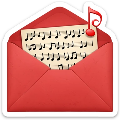 softer red closed envelope with a musical notes pattern sticker