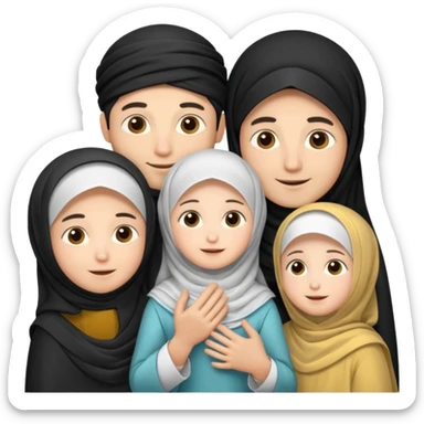 Lebaran. Keluarga terdiri dari Ayah dan ibu, 3 orang anak yang terdiri dari dua anak laki-laki dan seorang anak perempuan yang merupakan anak terkecil. Ibunya menggunakan cadar. sticker